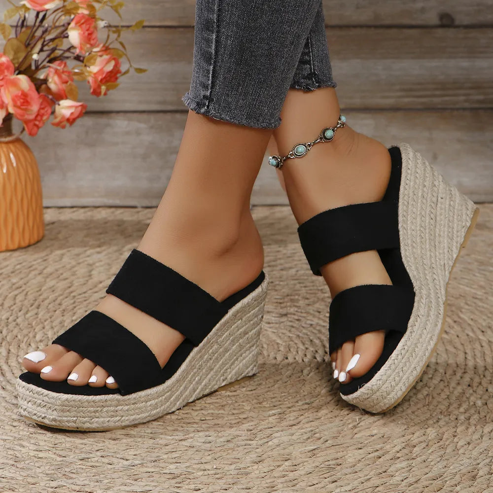 Front view of open toe platform wedge sandals in black