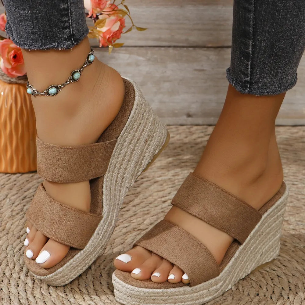 Front view of open toe platform wedge sandals in camel