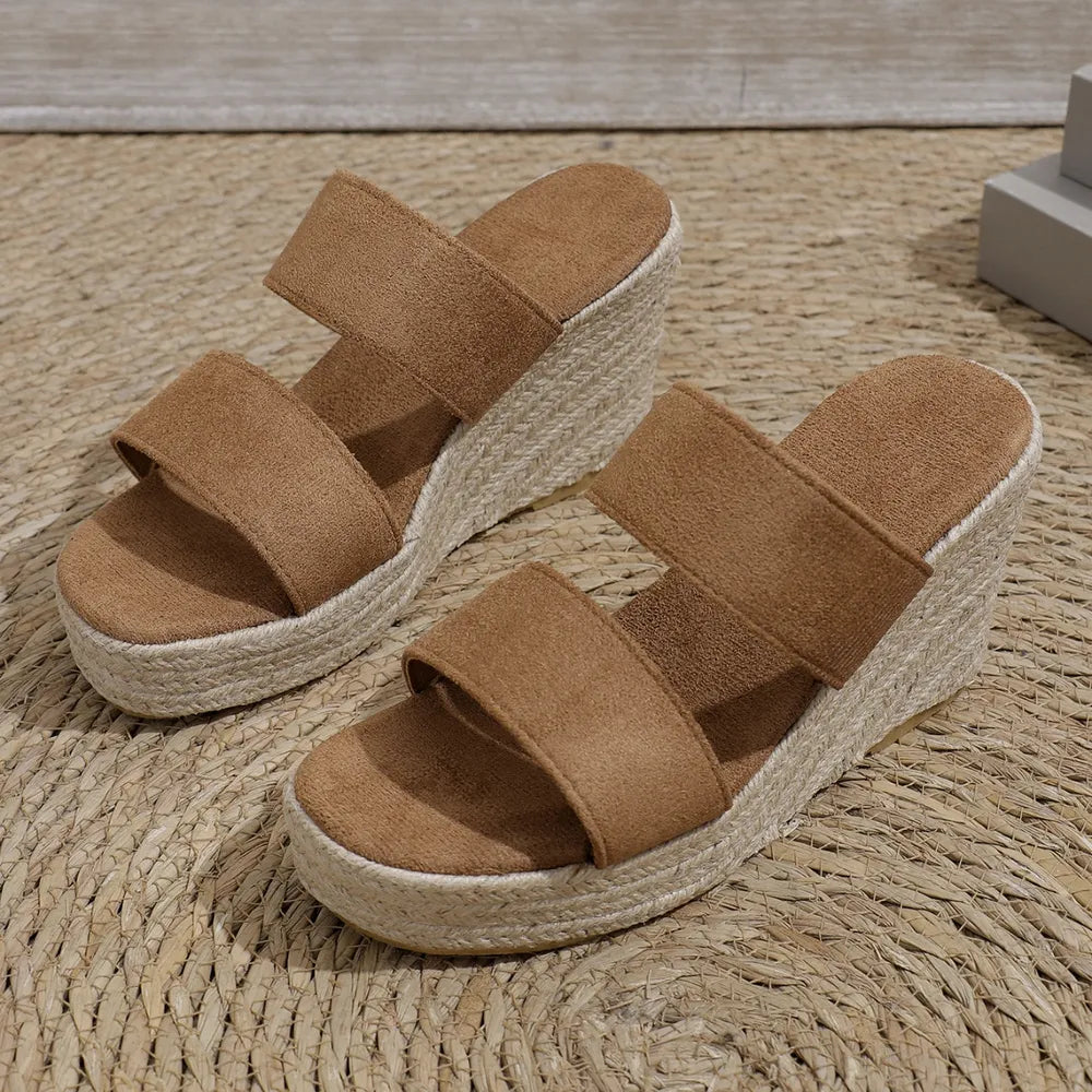 Side view of open toe platform wedge sandals in camel