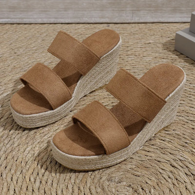 Side view of open toe platform wedge sandals in camel