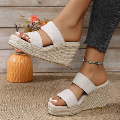 Side view of open toe platform wedge sandals in white