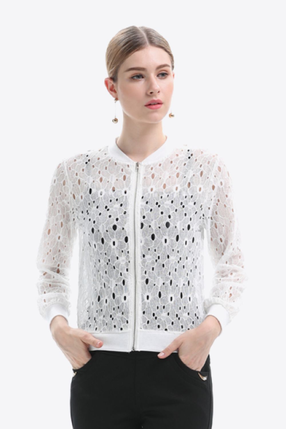 Front view of Openwork Zip-Up Jacket in white