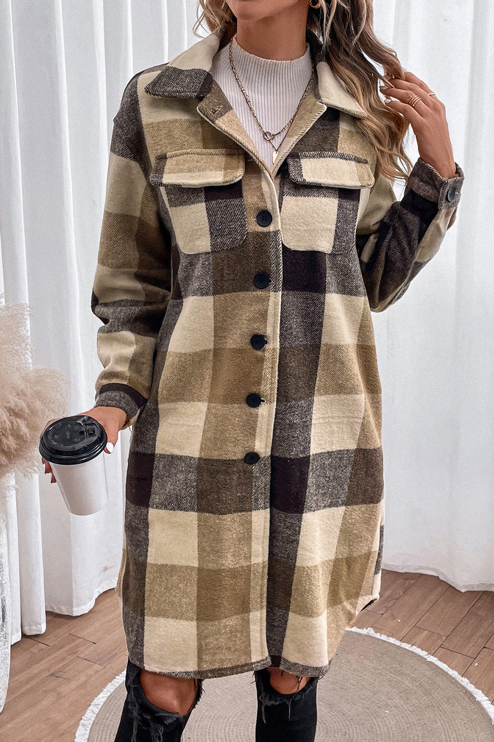 Front view of Plaid Button Down Longline Coat in Khaki