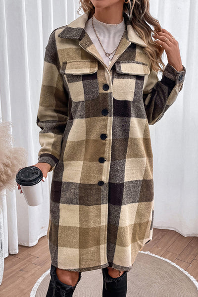 Front view of Plaid Button Down Longline Coat in Khaki