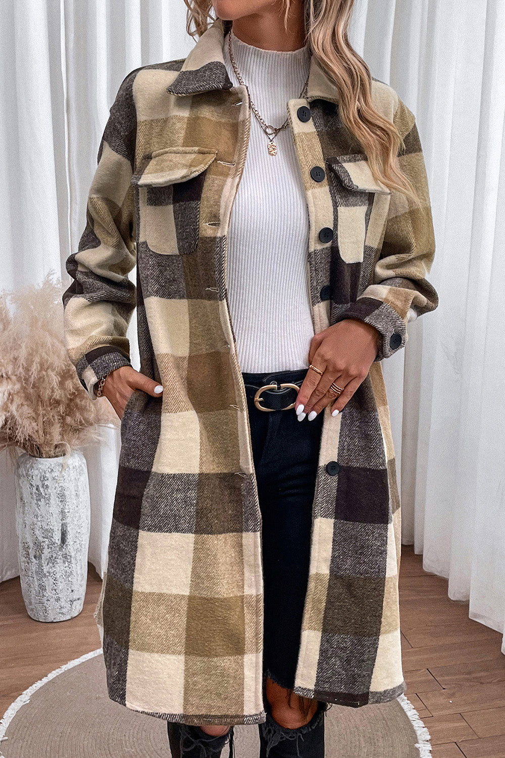 Close-up of button and plaid pattern detail on Plaid Button Down Longline Coat in Khaki