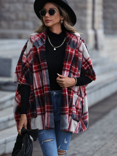 Front view of Plaid Hooded Coat with Pockets in Black