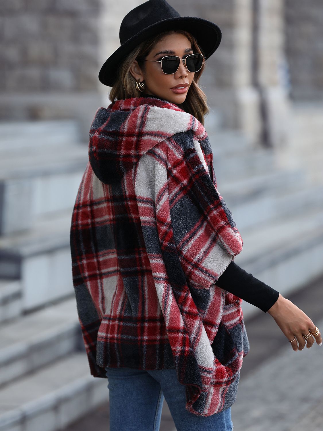 Side view showcasing the fit of Plaid Hooded Coat with Pockets in Black