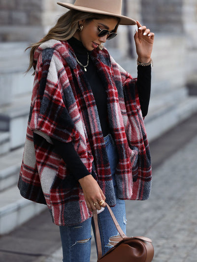 Close-up of hood and pocket details on Plaid Hooded Coat with Pockets in Black