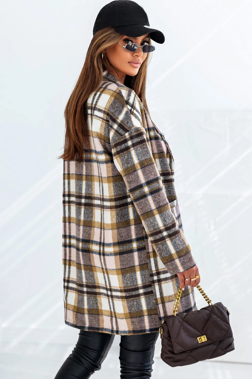 Side view showcasing the fit of Plaid Longline Jacket with Pockets in Multicolor