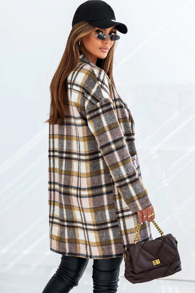 Side view showcasing the fit of Plaid Longline Jacket with Pockets in Multicolor