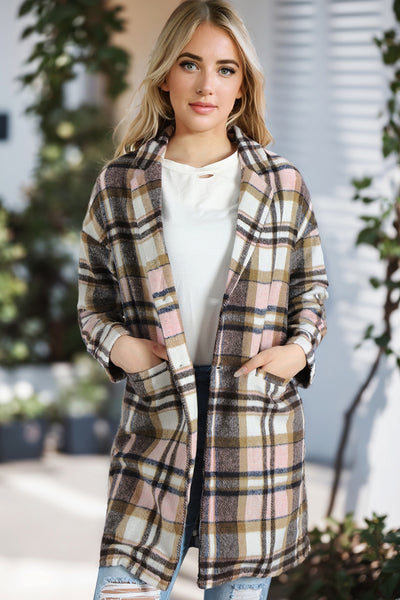 Plaid Longline Jacket with Pockets in Multicolor displayed on a hanger