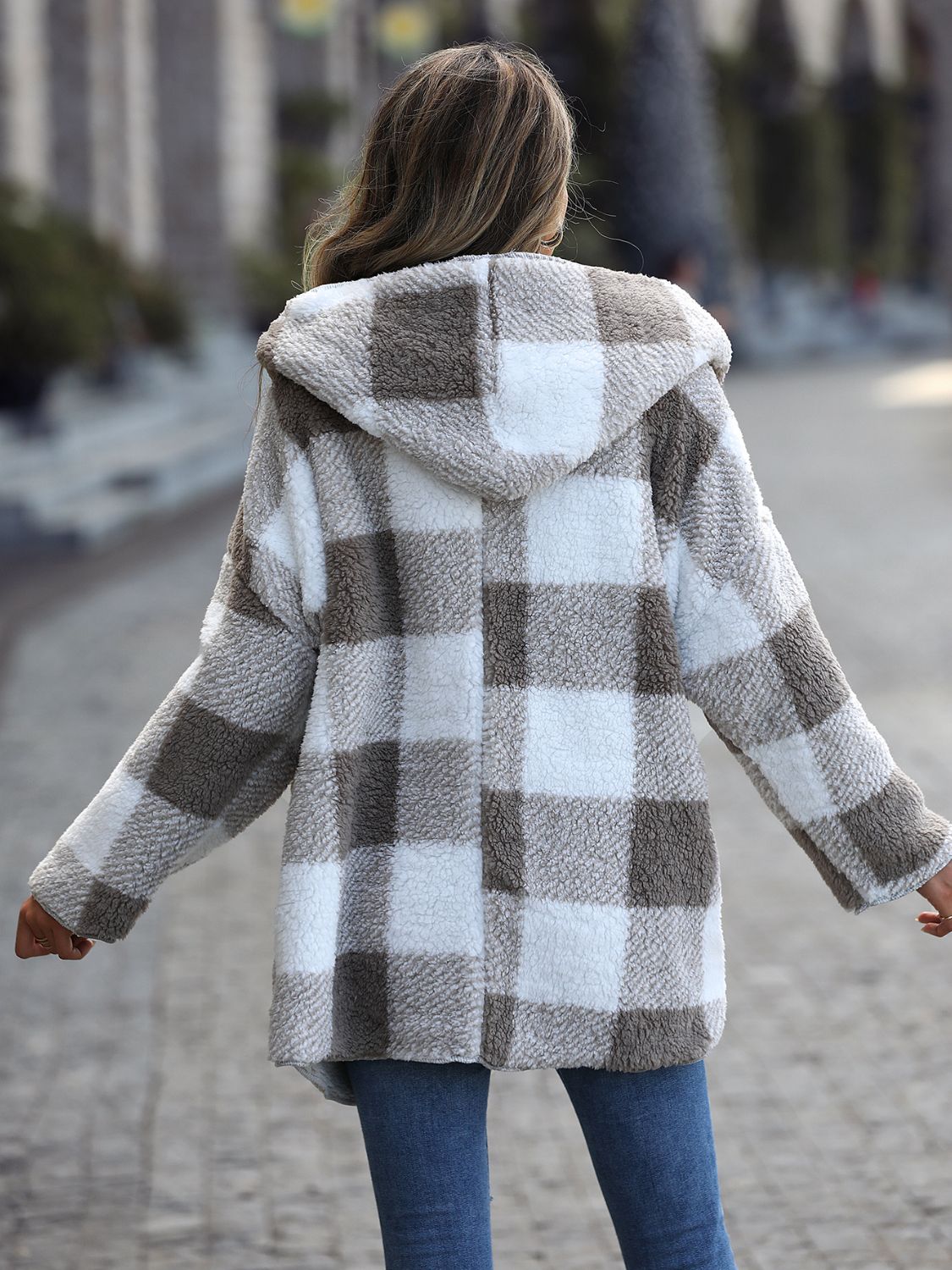Side view showcasing the fit of Plaid Open Front Hooded Coat in Charcoal