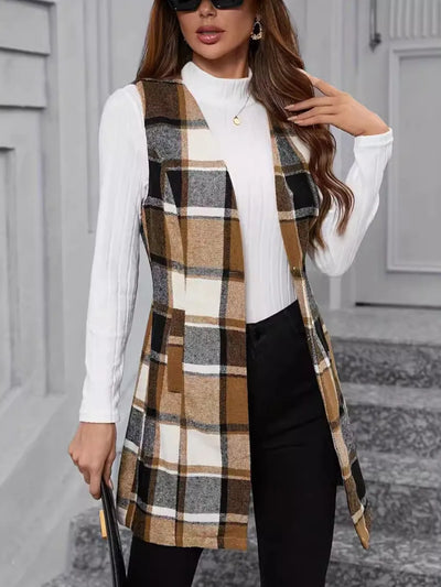 Front view of Plaid V-Neck Vest Coat in Camel