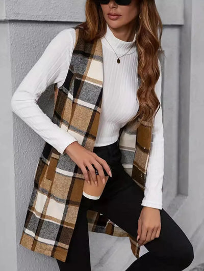 Side view showcasing the fit of Plaid V-Neck Vest Coat in Camel