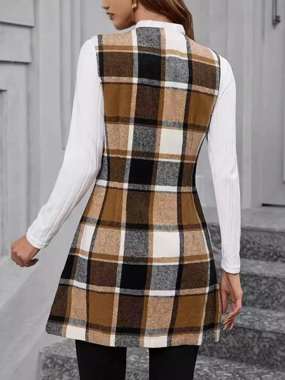 Back view highlighting the design of Plaid V-Neck Vest Coat in Camel
