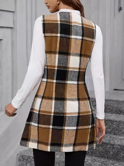 Back view highlighting the design of Plaid V-Neck Vest Coat in Camel