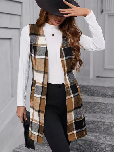 lose-up of button and plaid pattern detail on Plaid V-Neck Vest Coat in Camel