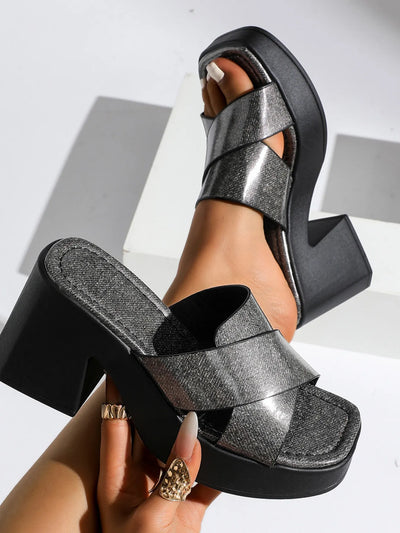 Front view of Platform Block Heel Slide Sandals in Black