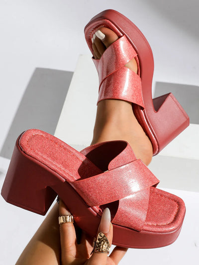Back view of Platform Block Heel Slide Sandals in Red