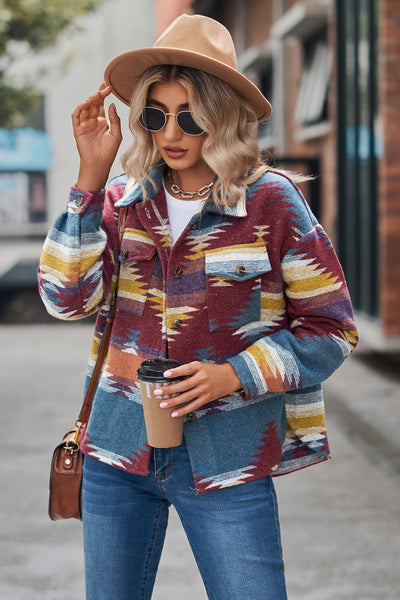 Back view highlighting the design of Printed Collared Neck Jacket in Burgundy
