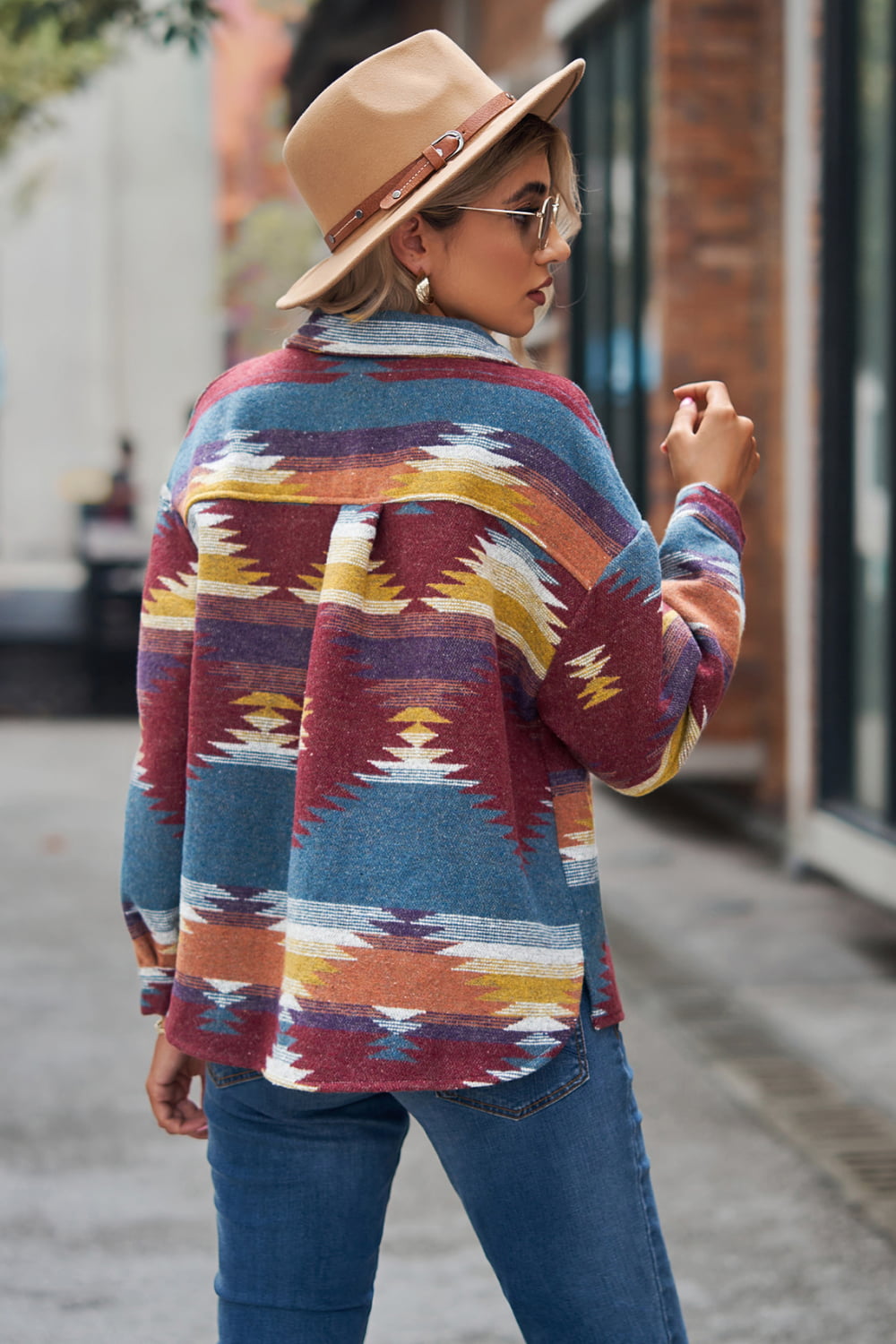 Close-up of collar and button details on Burgundy Printed Collared Neck Jacket