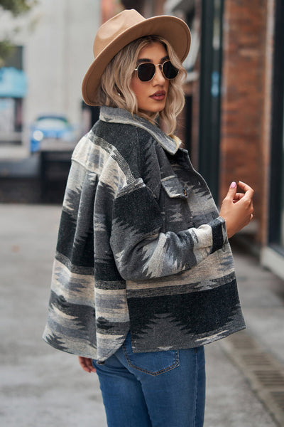 Back view highlighting the design of Printed Collared Neck Jacket in Dark Gray