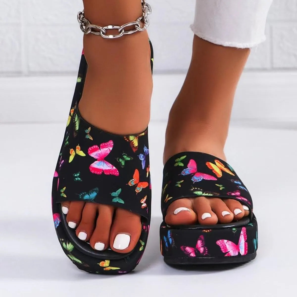 Side view of Printed Open Toe Platform Sandals in Black