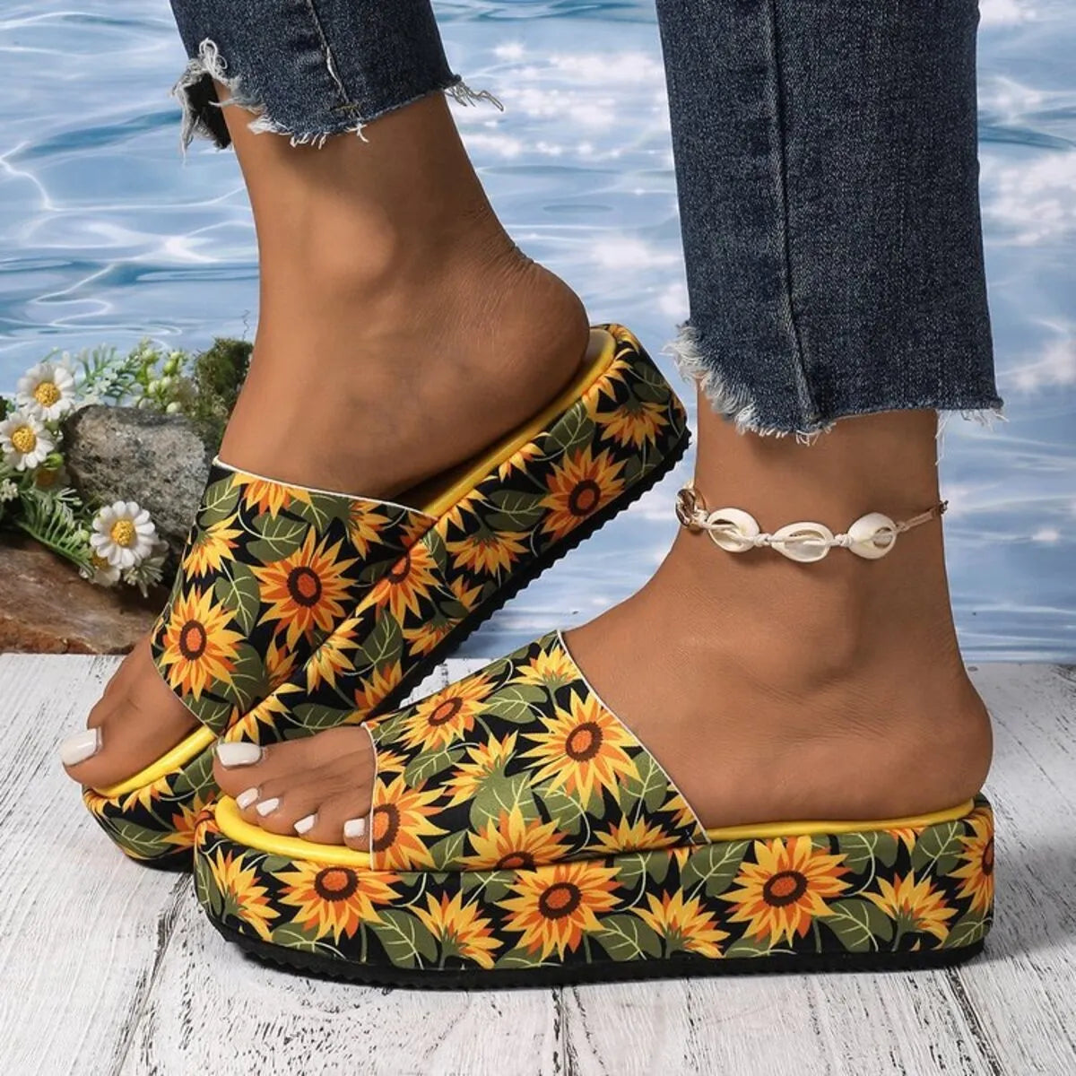 Side view of Printed Open Toe Platform Sandals in Bright Yellow