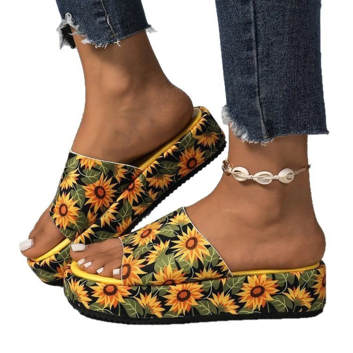 Top-down view of Printed Open Toe Platform Sandals in Bright Yellow