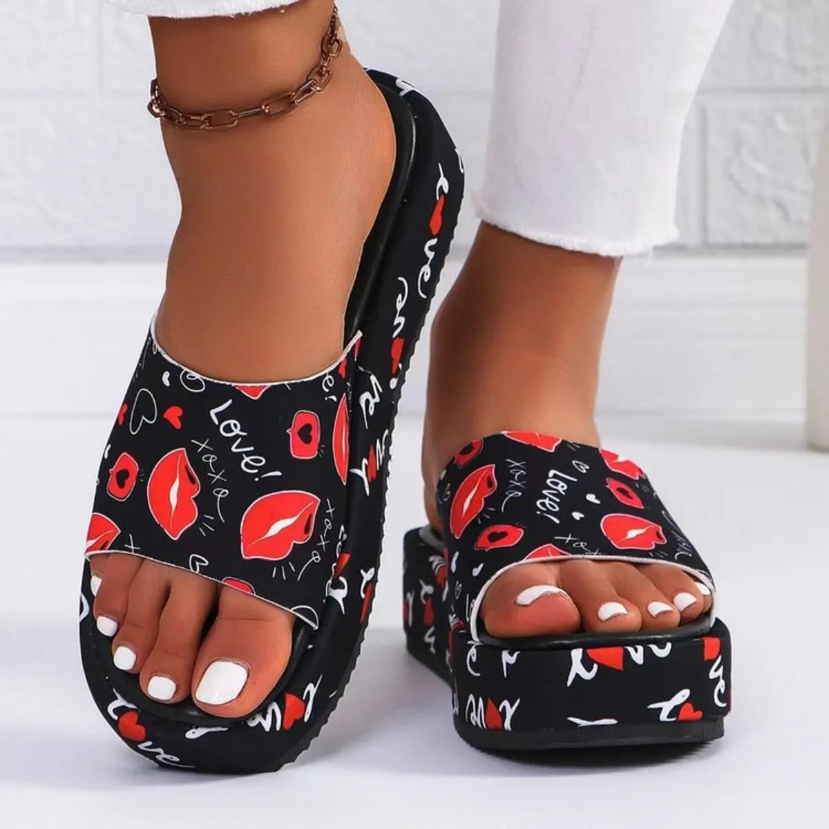 Side view of Printed Open Toe Platform Sandals in Red