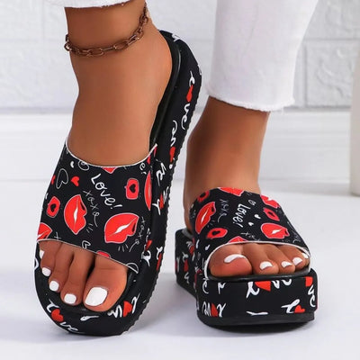 Side view of Printed Open Toe Platform Sandals in Red