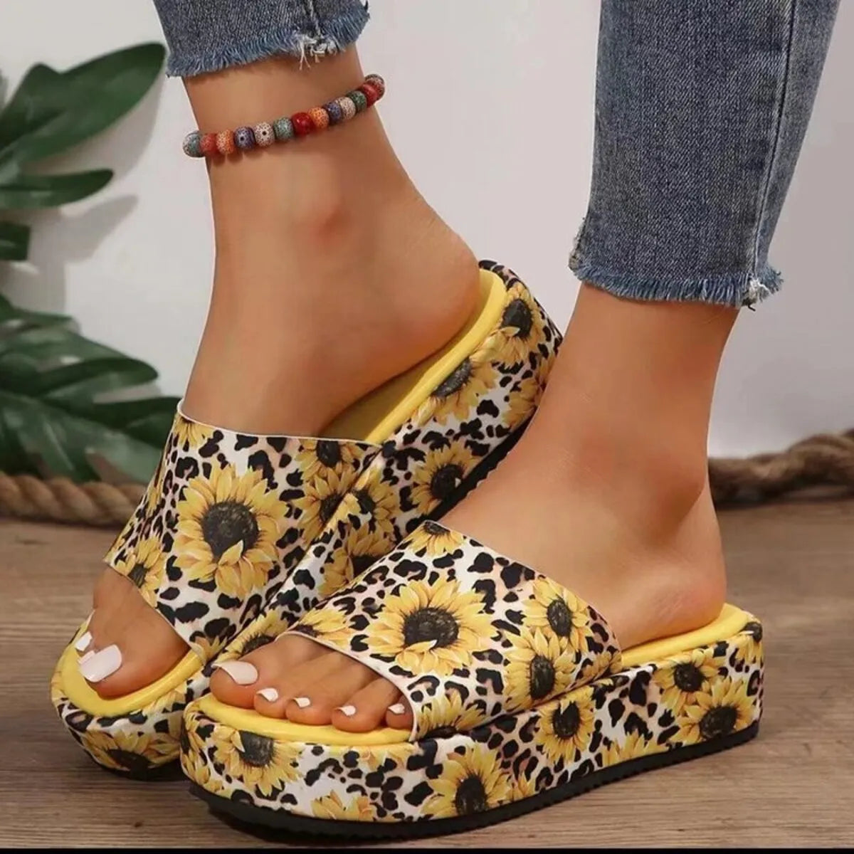 Side view of Printed Open Toe Platform Sandals in Yellow