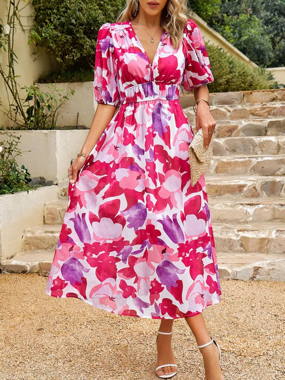Front view of Printed Puff Sleeve Midi Dress in Hot Pink