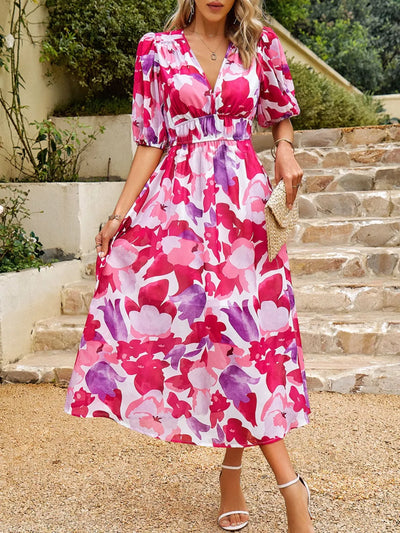 Front view of Printed Puff Sleeve Midi Dress in Hot Pink