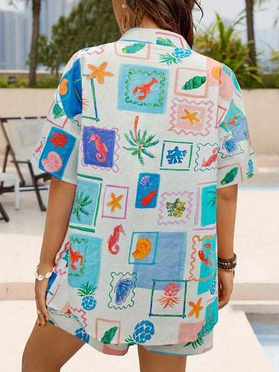 Side view showcasing the fit of Printed Short Sleeve Shirt and Shorts Set in Blue