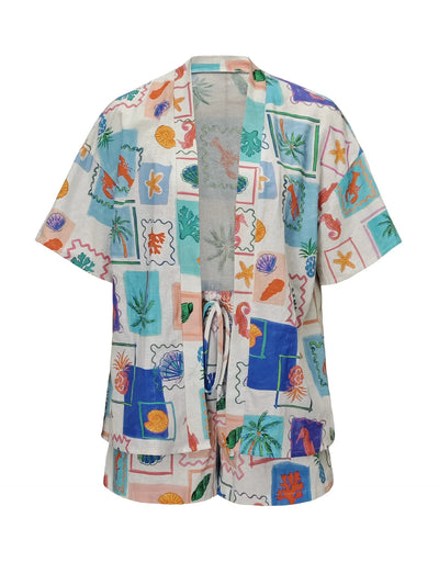 Flat lay of Printed Short Sleeve Shirt and Shorts Set in Blue