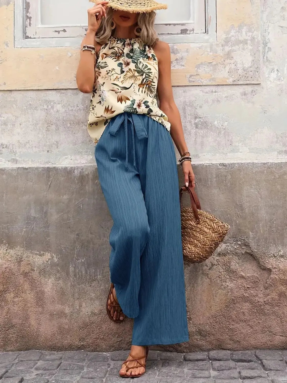 Close-up of tank top and wide leg pants in Cerulean
