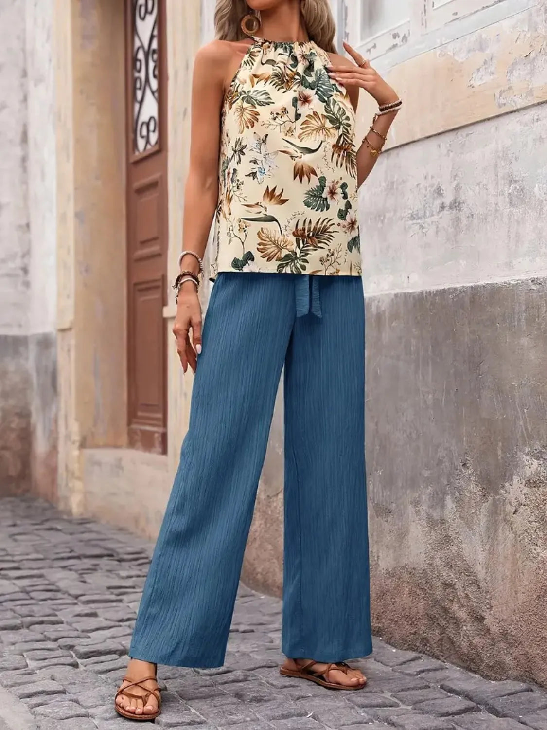 Model wearing Printed Tank Top and Wide Leg Pants Set in Cerulean
