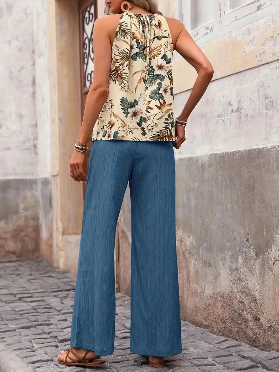 Flat lay of Printed Tank Top and Wide Leg Pants Set in Cerulean