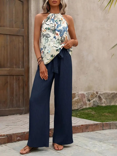 Model wearing Printed Tank Top and Wide Leg Pants Set in Dark Blue