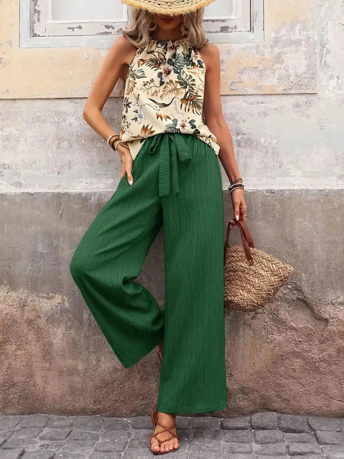 Front view of Printed Tank Top and Wide Leg Pants Set in Dark Green
