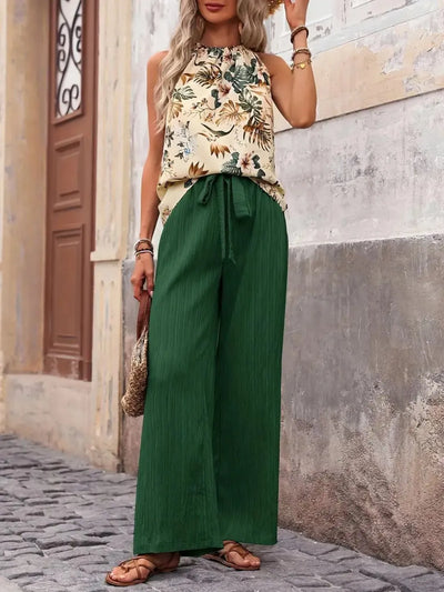 Side view showcasing the fit of Printed Tank Top and Wide Leg Pants Set in Dark Green