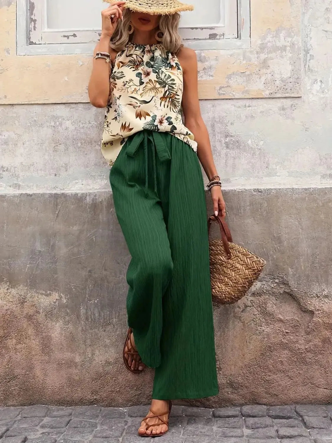 Back view highlighting the design of Printed Tank Top and Wide Leg Pants Set in Dark Green
