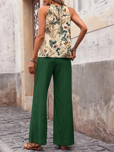 Model wearing Printed Tank Top and Wide Leg Pants Set in Dark Green
