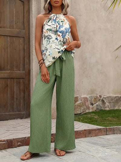 Front view of Printed Tank Top and Wide Leg Pants Set in Matcha Green