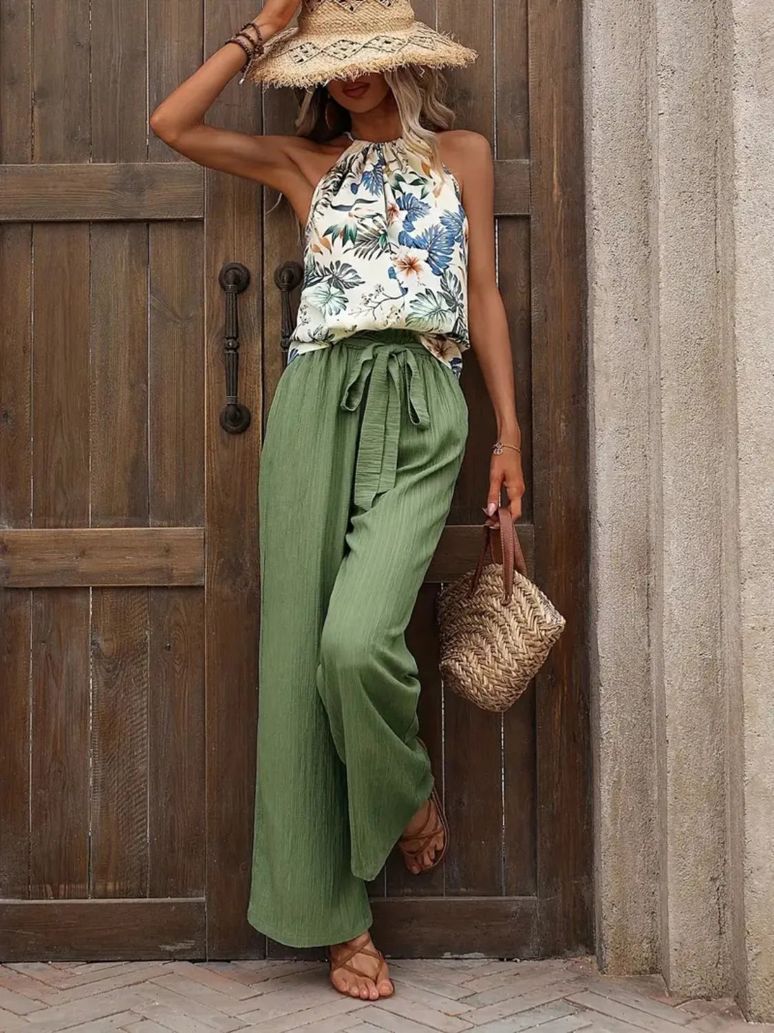 Side view showcasing the fit of Printed Tank Top and Wide Leg Pants Set in Matcha Green