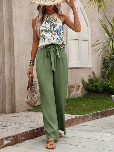 Model wearing Printed Tank Top and Wide Leg Pants Set in Matcha Green
