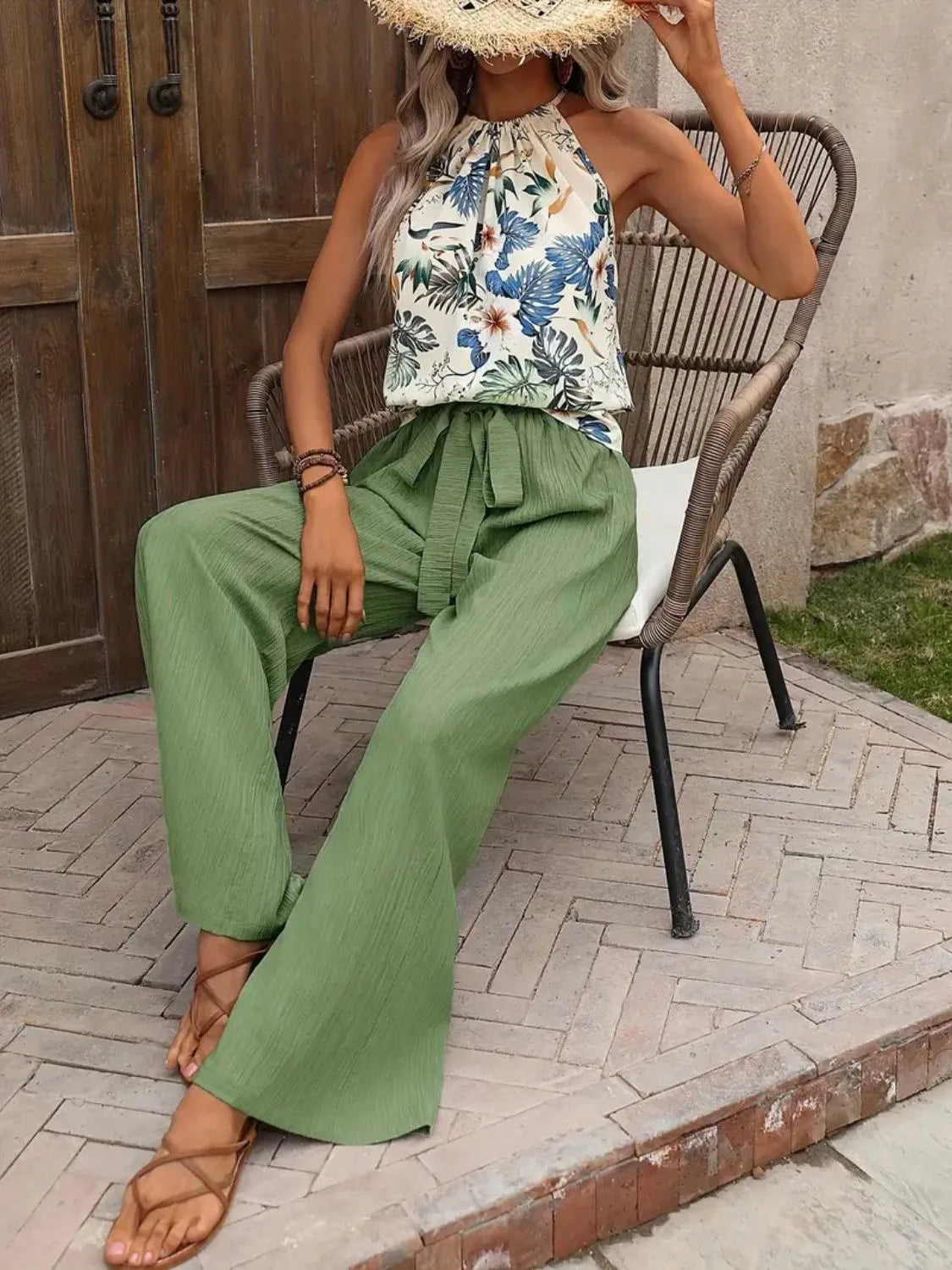 Flat lay of Printed Tank Top and Wide Leg Pants Set in Matcha Green