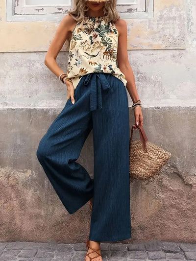 Close-up of tank top and wide leg pants in Peacock Blue