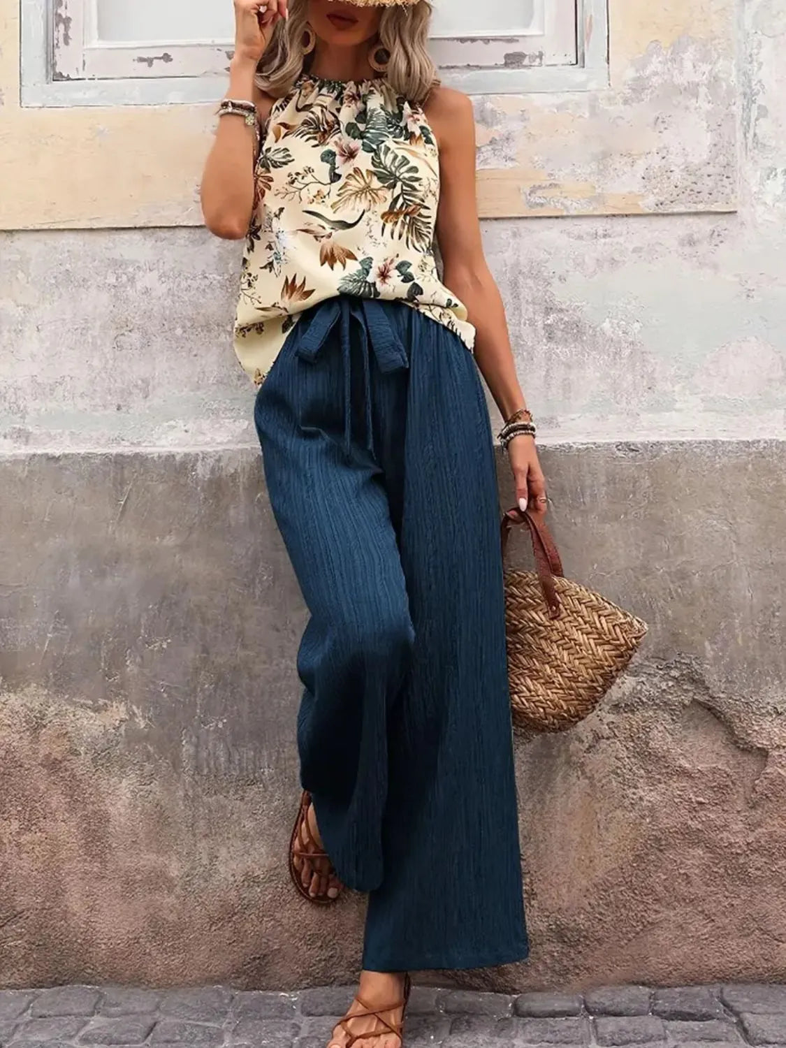 Model wearing Printed Tank Top and Wide Leg Pants Set in Peacock Blue